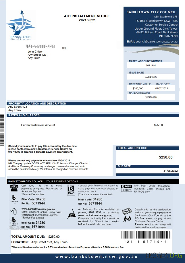 Australia NSW Bankstown City Council utility bill